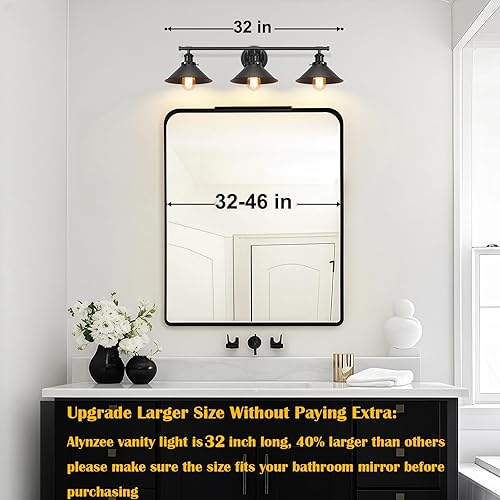 Miniatura 2 de 2025 - Luces de tocador negras de 32 pulgadas para baño, 3 luces, color negro mate, lámpara de tocador industrial, lámpara de pared moderna con cono