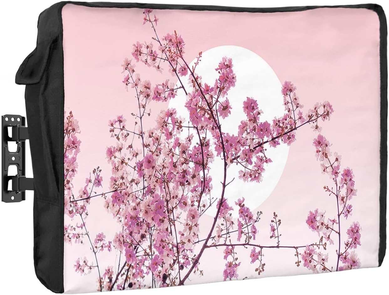 Outdoor TV Cover - Pink Cherry Blossoms Floral Pattern Waterproof and Weatherproof 60"-65" LCD Movable Shield TV Display Screen Protector Outside Television Covers