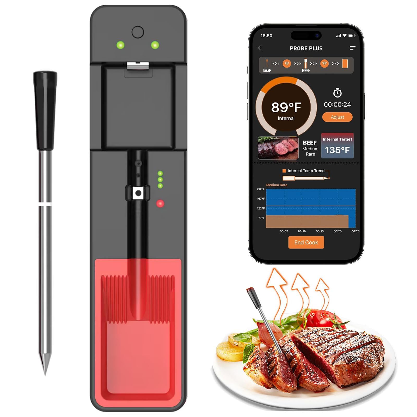 Termómetro carne inalámbrico Bluetooth digital lectura rápida precisión ±1℃