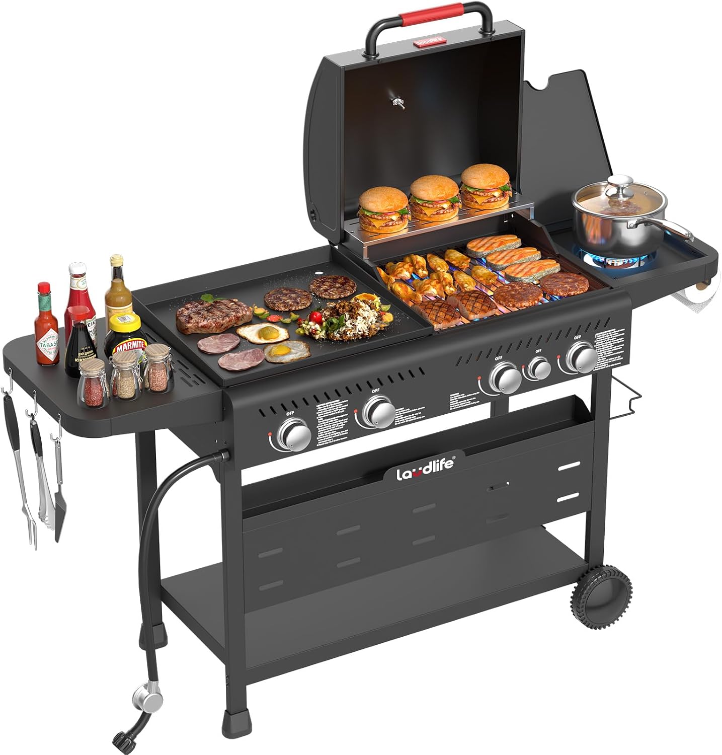 LAUDLIFE FUSION 2-in-1 Gas Griddle & Grill Combo with food cooking on both surfaces and a pot on the side burner