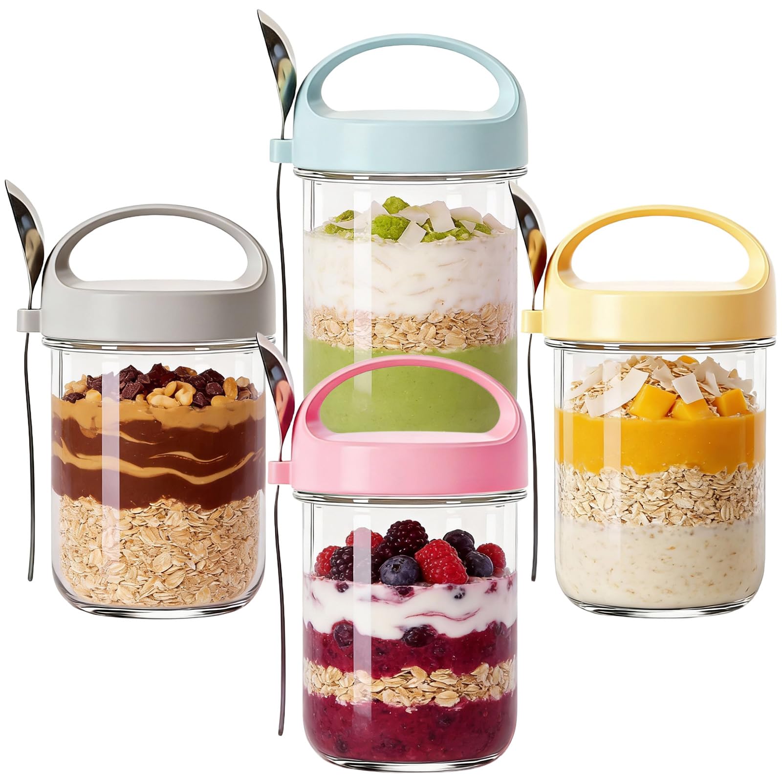 NBOUOU 4 Pcs 14oz Overnight Oats Jar Container with Lid and Spoon, Large Capacity Glass Mason Jars with Lids Yogurt Pot, Porridge Pots, Jars for Overnight Oats Salads Cereal Milk Fruit