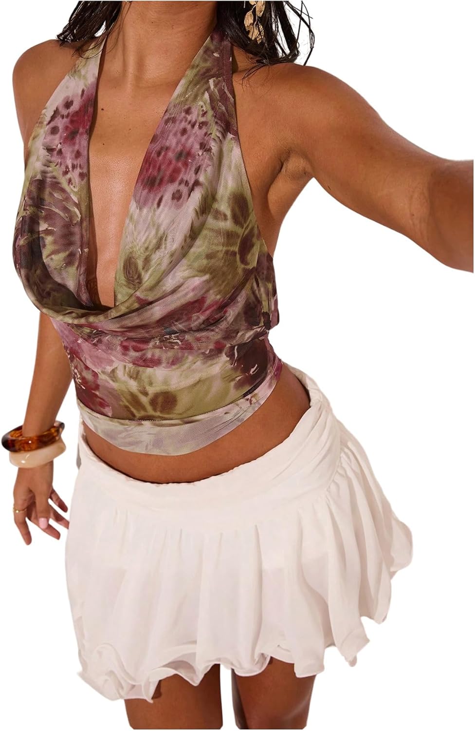 MakeMeChic Women's Sexy Y2k Cowl Neck Halter Tops Summer Vacation Backless Crop Going Out Tops