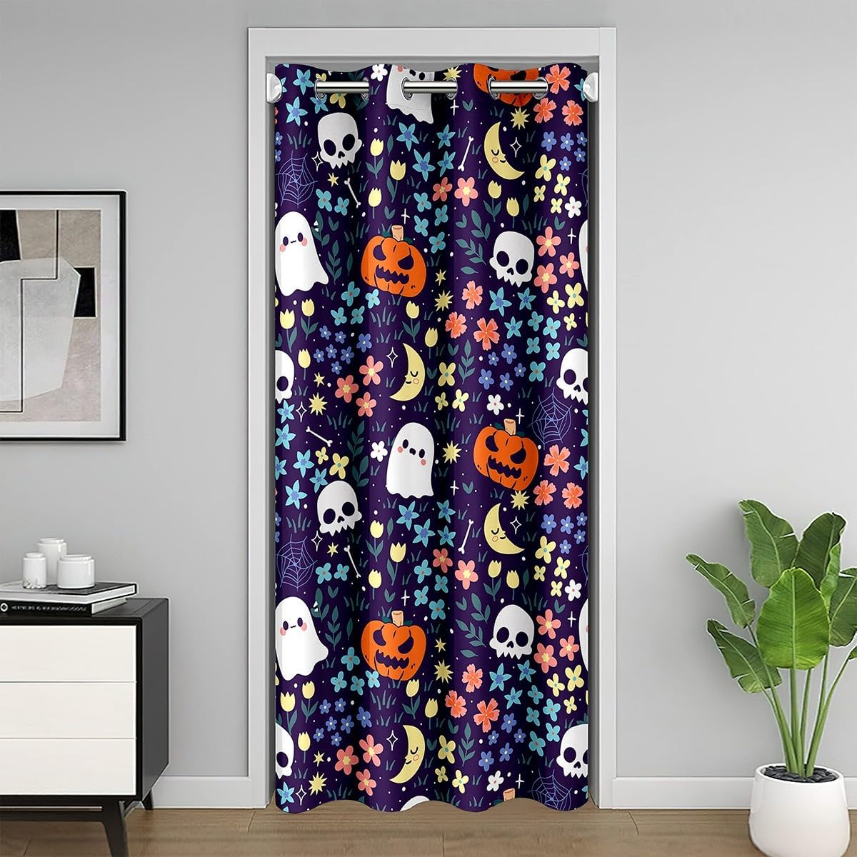 jejeloiu 52" x 80" Halloween Ghost Door Curtain for Doorway Privacy for Kids Boys Girls Cute Cat Funny Gothic Closet Cover Retro Floral 30%-50% Room Darkening Blackout