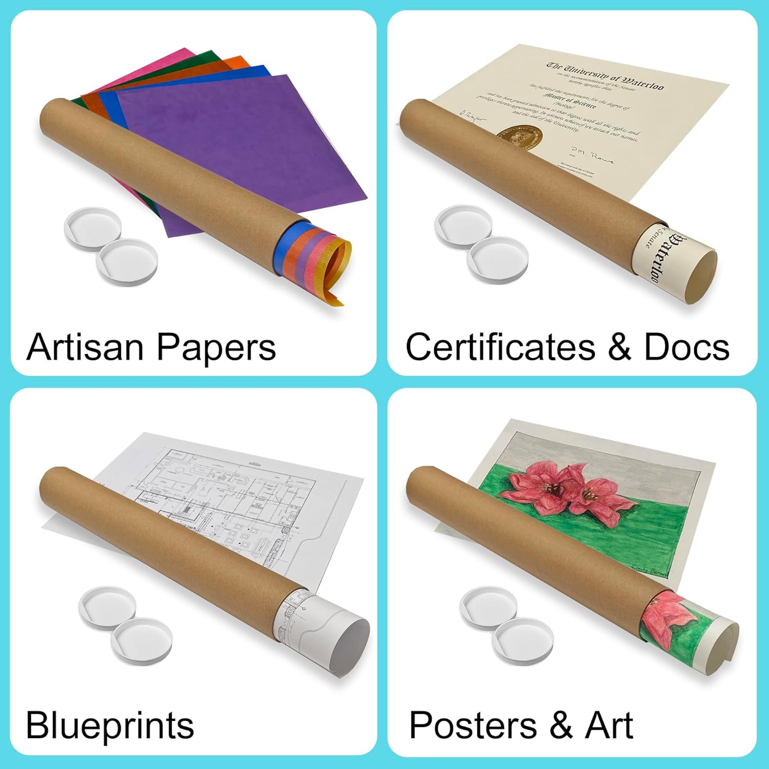 4-Pack Cardboard Mailing Tubes (2"x15") with 4 Adhesive Blank Labels - Secure Shipping and Storage for Documents, Blueprints, Posters, & Artwork (4 Tubes, 4 Labels)