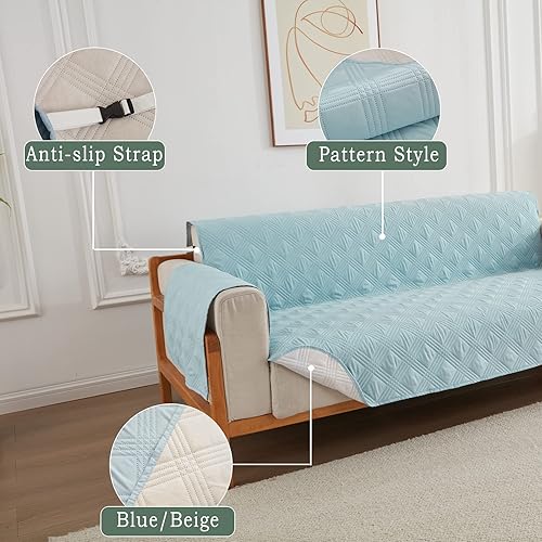 Miniatura 3 de Funda de sofá reversible para sofá de 3 cojines, lavable, protector de muebles con correas elásticas para mascotas, perros, niños (azul, sofá)