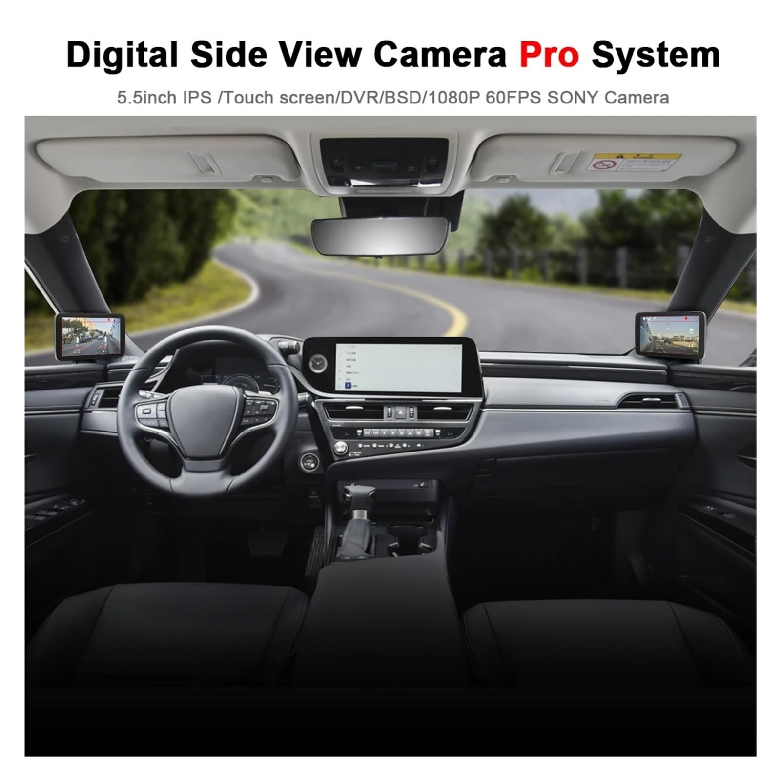 Kit Caméra Recul Moniteur Rétroviseur Latéral Numérique, Caméra Recul Latérale, Système Pro avec Caméra 1080P 60FPS DVR AI BSD, Alarme, Écran Tactile IPS 5.5 Pouces