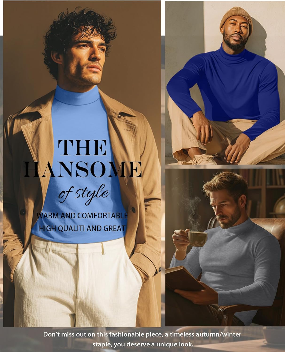 5 Pack Men's Mock Turtleneck Shirts, Long Sleeve Tops Pullover Basic Casual Slim Fit Lightweight T-Shirts Pack(Royal Blue, Light Mixed Gray, Army Green, Sky Blue, Haze Blue,X-Large) - Image 2