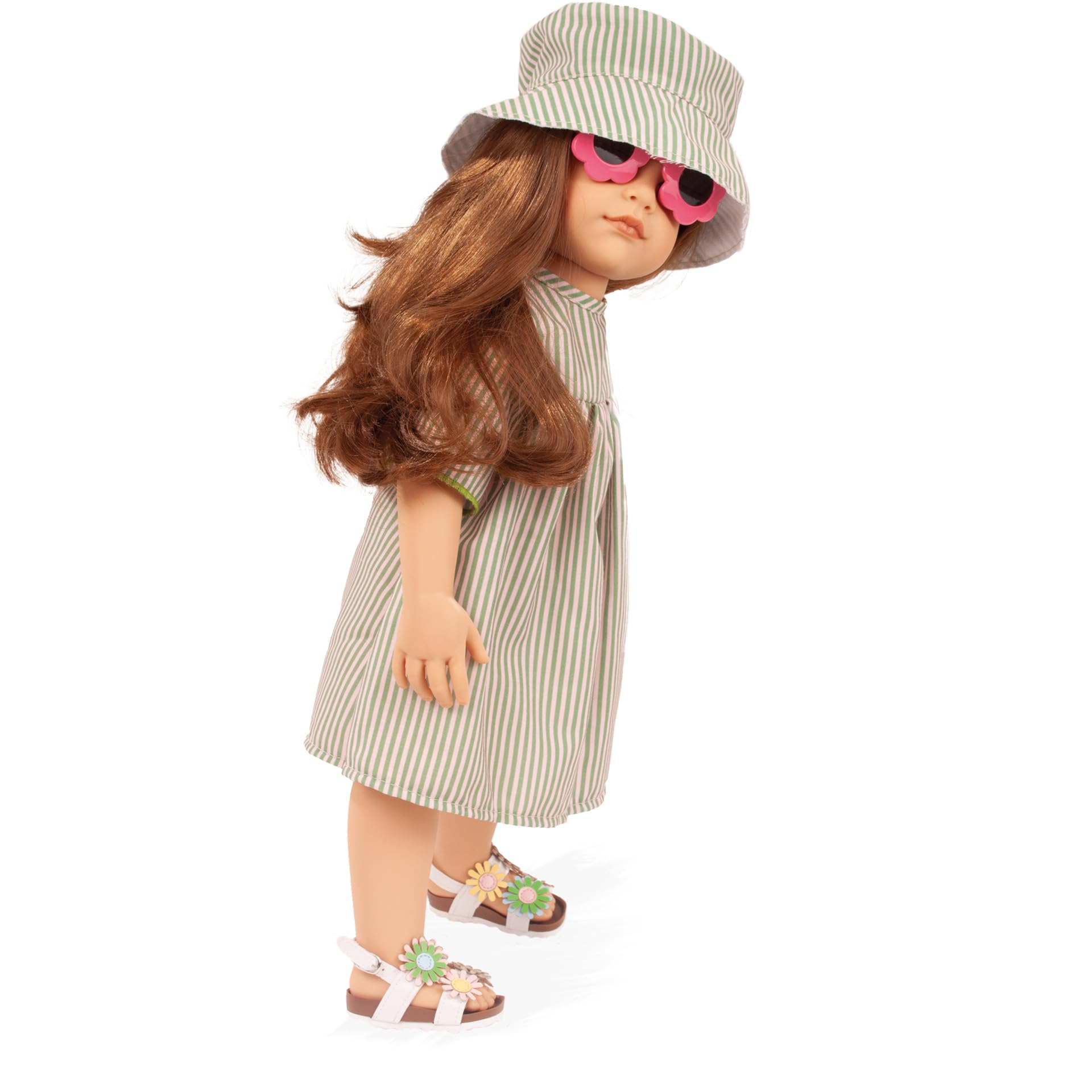 Götz 2559013 Hannah Summertime Puppe 50 cm Stehpuppe 7-TLG | für Kinder ab 3 Jahren, lange braune Haare, braune Augen, Sommeroutfit, Hut, Sonnenbrille, frisierbar, Vinylhartkörper