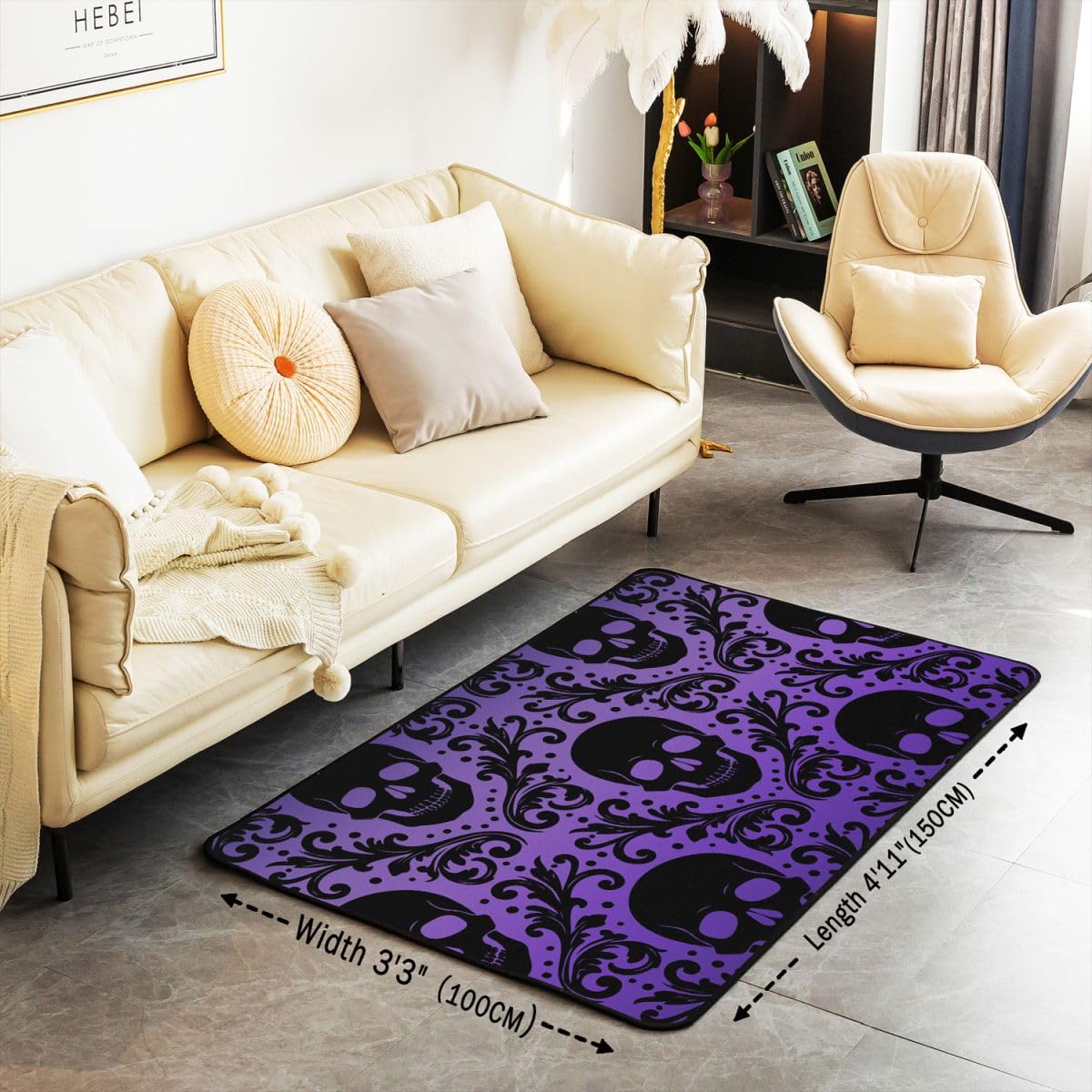 Loussiesd Tapis Salon 100x150cm Crâne Violet Tapis d’intérieur et d’extérieur Gothique Boho Bohème Doux Antidérapant Moderne Goth Damask Imprimer pour Salon et Chambre Lavable