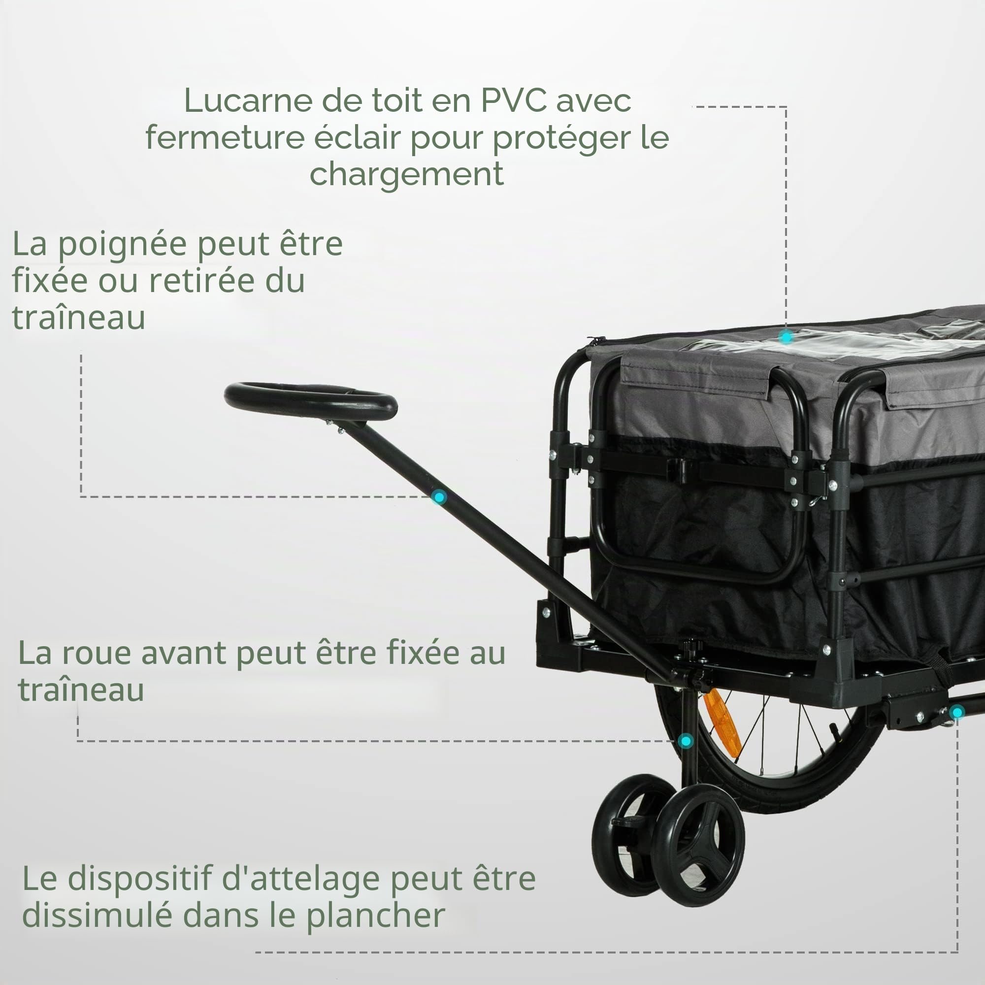HOMCOM Remorque de vélo 2 en 1, remorque de transport, pneus 20 pouces, 40 kg de charge, acier, tissu Oxford, noir+gris, 130 x 64 x 64/103 cm