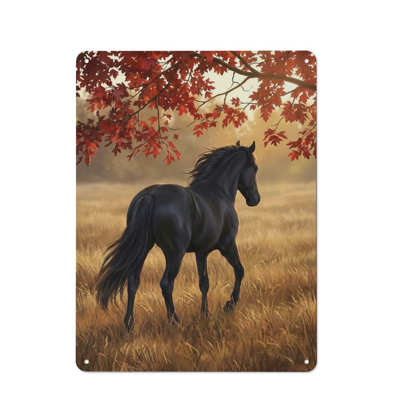 Junmoney Style-7 Black Horse In Autumn Field Urban Metal Wall Decor 40X30cm, Metal Wall Art Sign For Loft, Studio, Office Or Creative Room