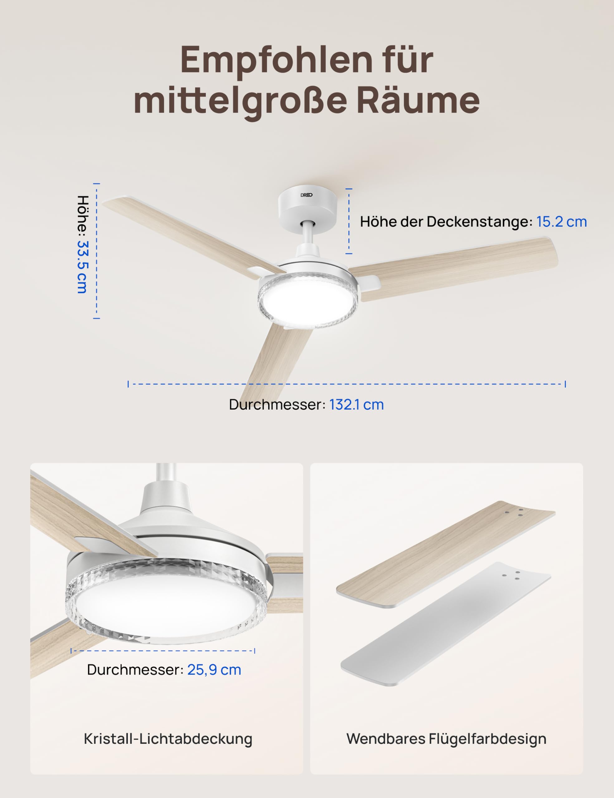 DREO Deckenventilator mit Beleuchtung und Fernbedienung,132 cm Weißer Ventilator decke mit Licht und Alexa,5 CCT-Farben, 6-stufig dimmbar, 6 Stufen, leiser reversibler DC-Motor, Timer (1/4/8h)