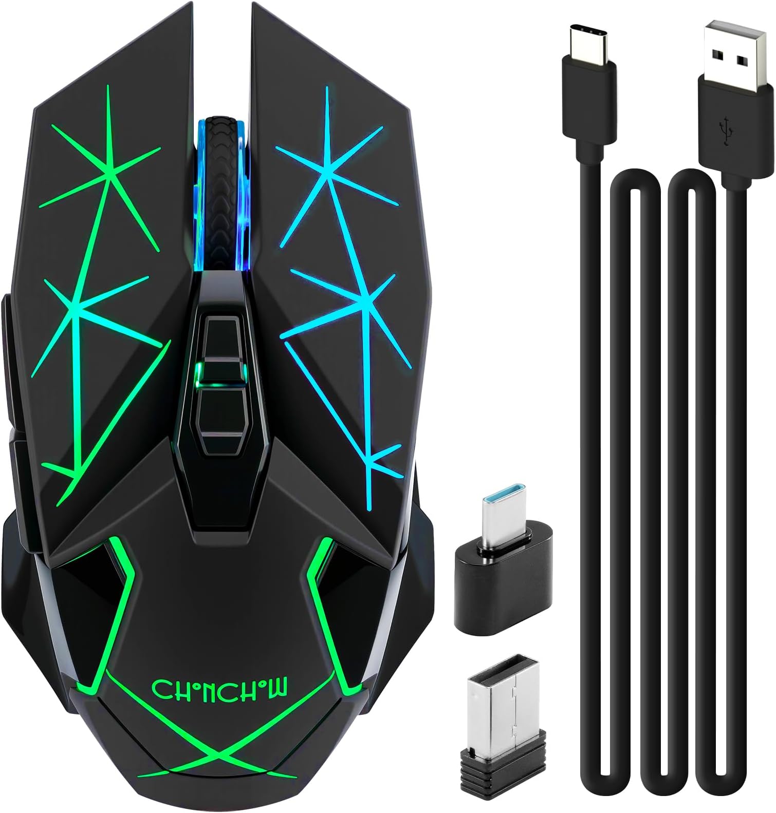 CHONCHOW Rechargeable Wireless Gaming Mouse, Colorful LED Lights, 7 Buttons, USB C, Up to 3200 DPI, 2.4Ghz Cordless Computer Gamer Mice with Side Buttons for PC Laptop Mac Chromebook Windows, Black