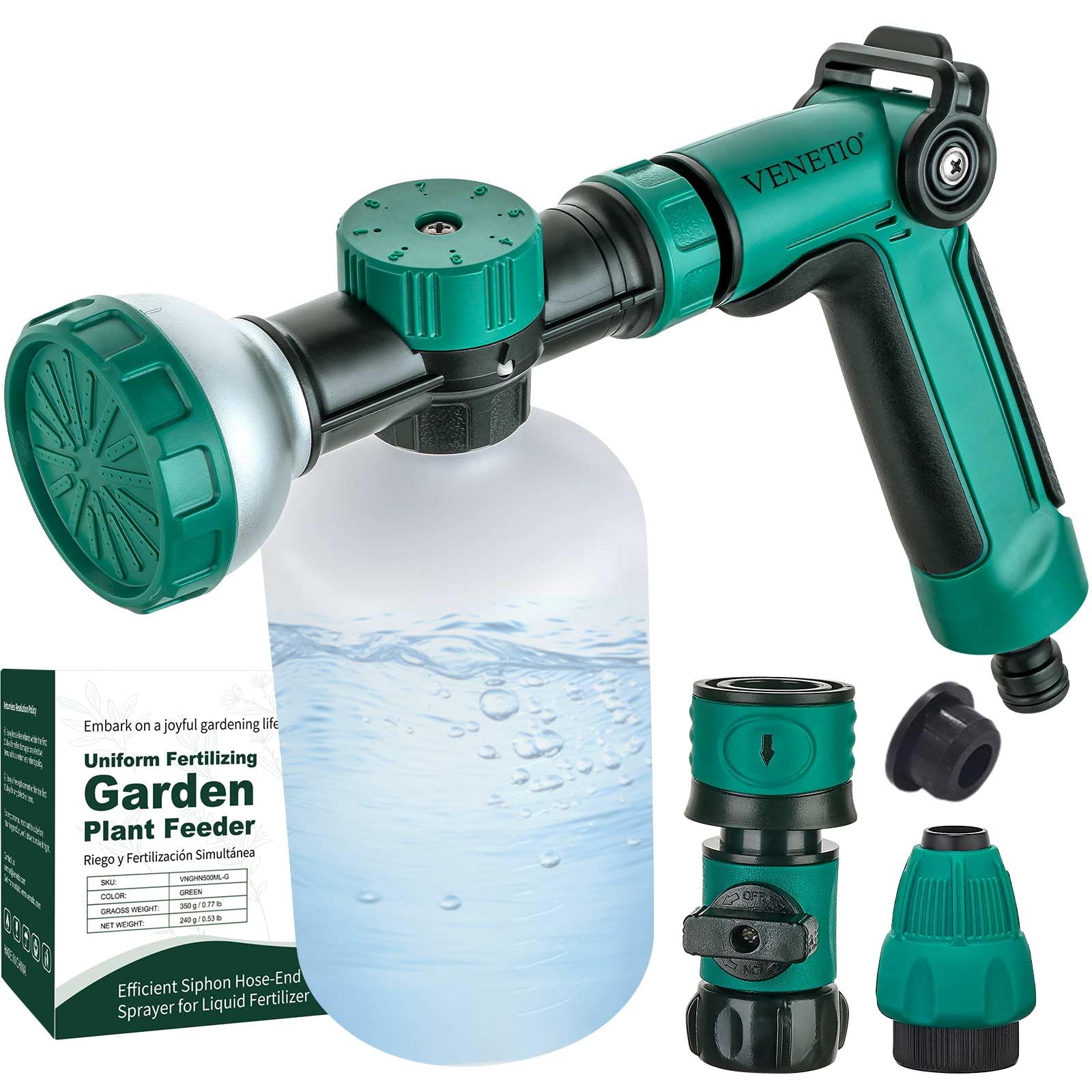 Venetio Green 8-Dial Hose Nozzle Sprayer With Quick Connect Fittings For Uniform Fertilizing & Watering Plants | Precision Lawn And Garden Feeder For Liquid Fertilizer, Car/Dog Wash Soap, 500Ml Bottle