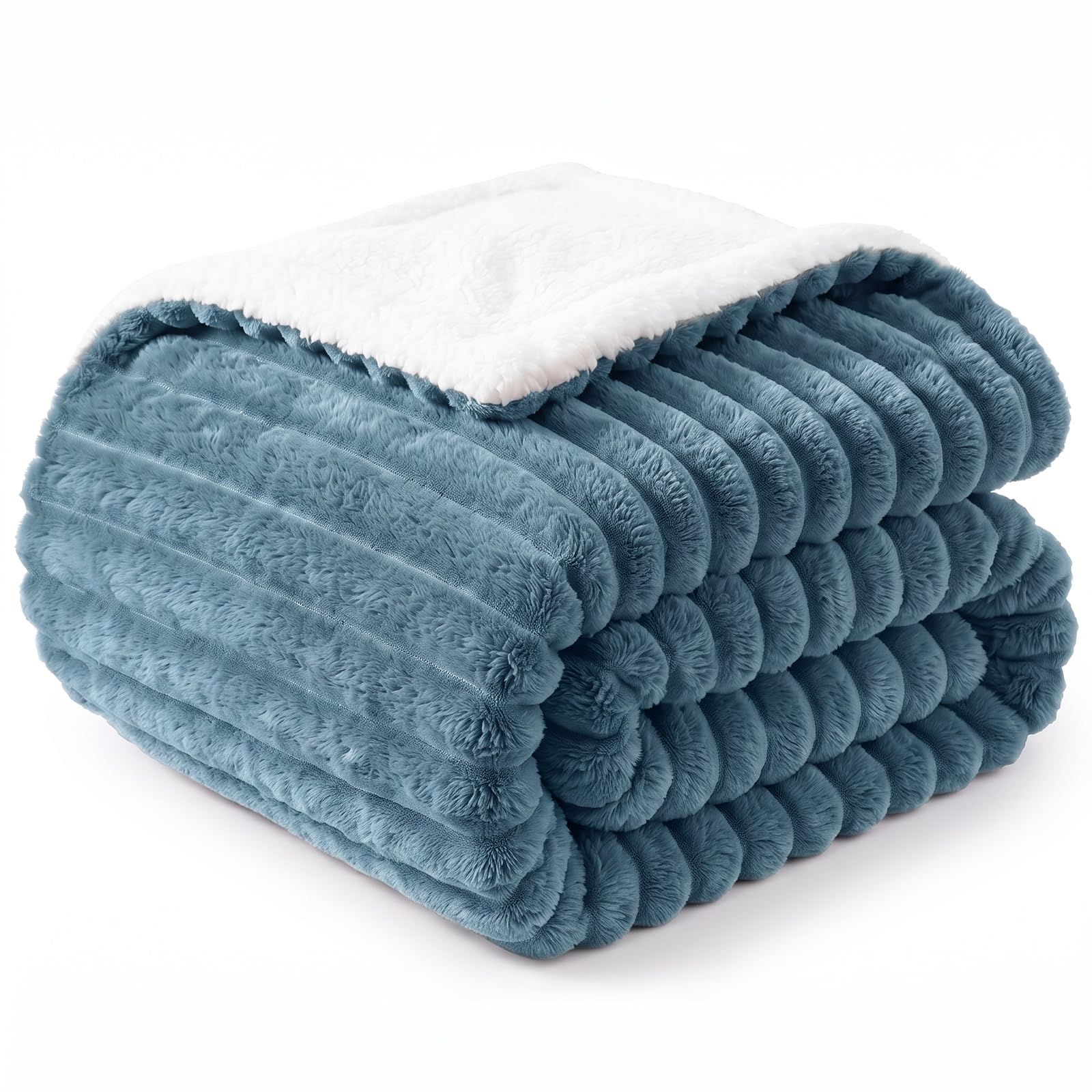 WAVVE Coperta Pile Plaid 220x240 cm Grigio Blu | Flanella a Righe Sherpa a Doppia Faccia, extra spessa, morbida, calda e accogliente, ideale per divano e letto