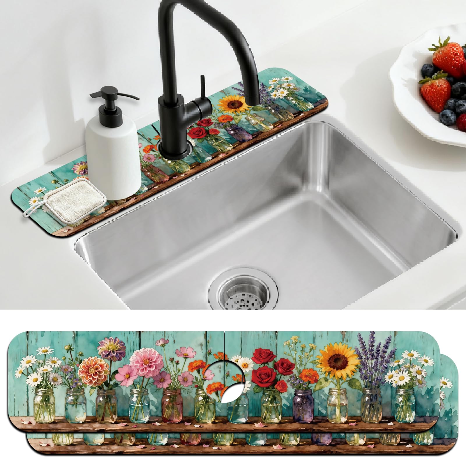 Lot de 2 tapis de robinet d'évier de cuisine en verre coloré avec motif plantes pour éviers, tapis de séchage absorbant pour cuisine et salle de bain, 60 x 14 cm