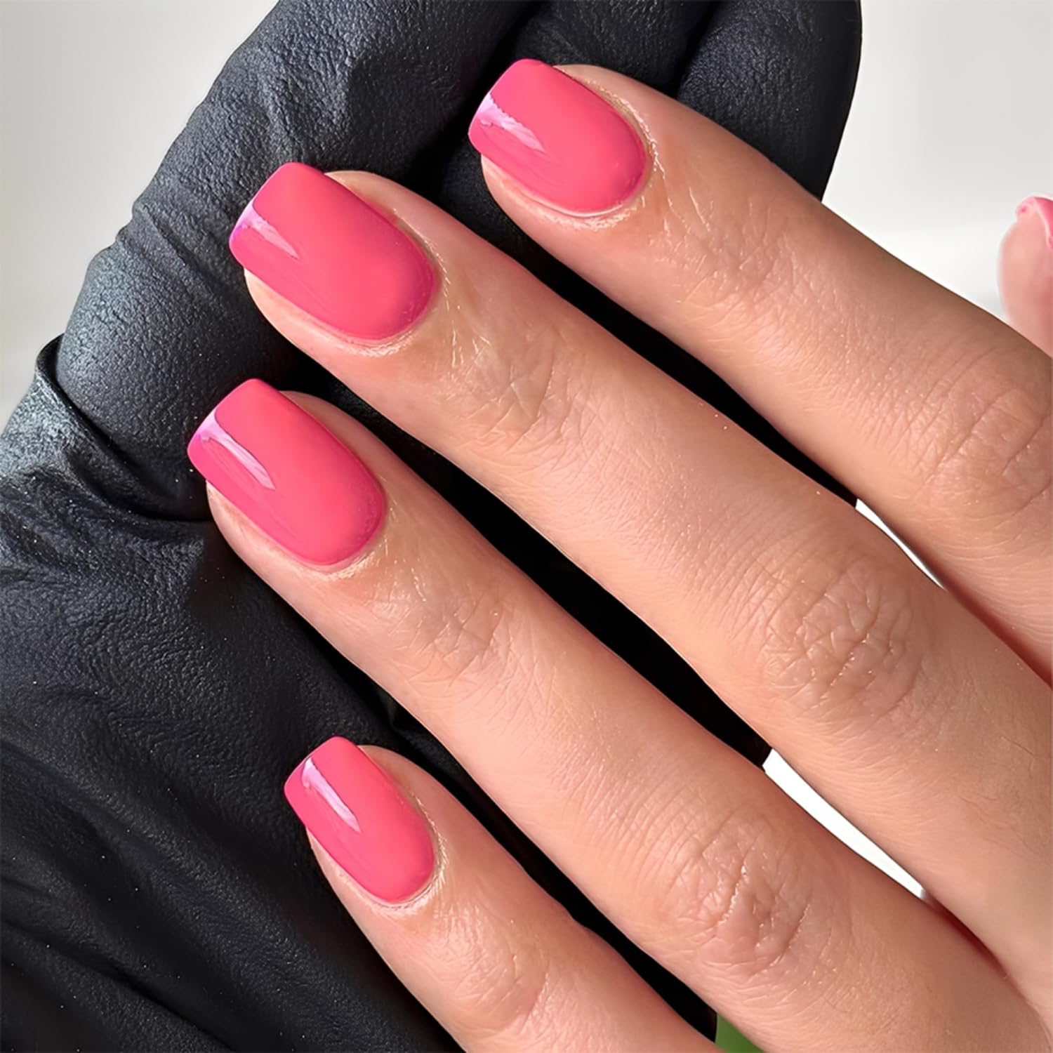 Press on Nails, short square False Nails Pink, Glossy Pure Color French Tip Fake Nails