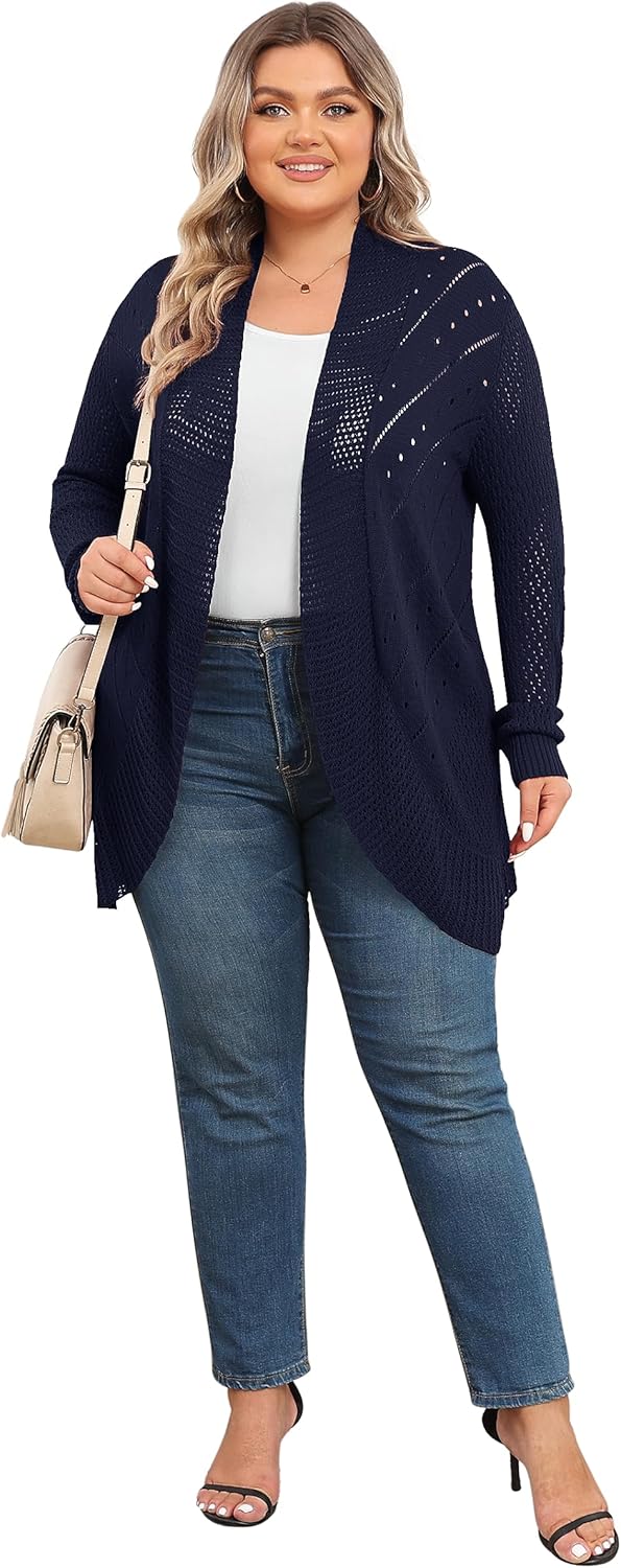 TIANZHU Plus Size Lightweight Long Crochet Cardigan for Women Open Front Knit Cardigan Sweaters Casual Loose Coat - Image 2