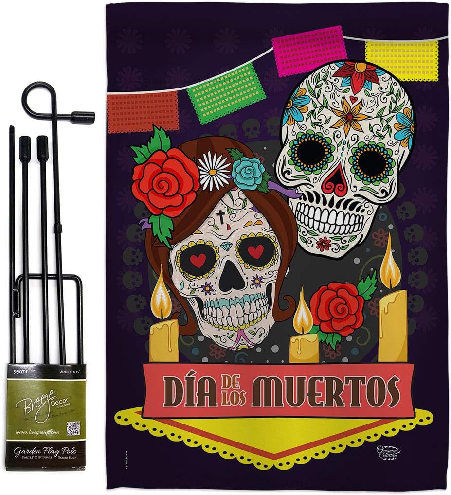 Dia de los Muertos Garden Flag Set Wall Holder Falltime Day of Dead Fiesta Mexican Party Autumntime Small Decorative Gift Yard House Banner Made In USA 13 X 18.5