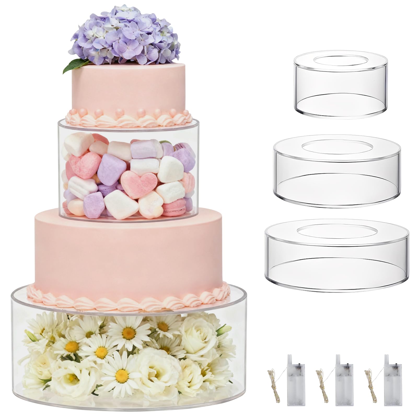 3 Pezzi Alzata per Dolci, Vassoio per Torte Rotondo Trasparente Riempibile con 3 Strisce Luminose a LED per Matrimoni, Compleanni e Feste