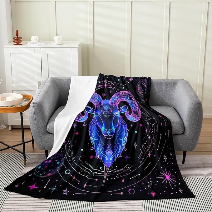 Aries Throw Blanket Lightweight Boho Exotic Sheep Animal Fleece Blanket Twelve Constellations Symbol Bed Blanket Neon Galaxy Flannel Blanket Bedroom Decor 40x50