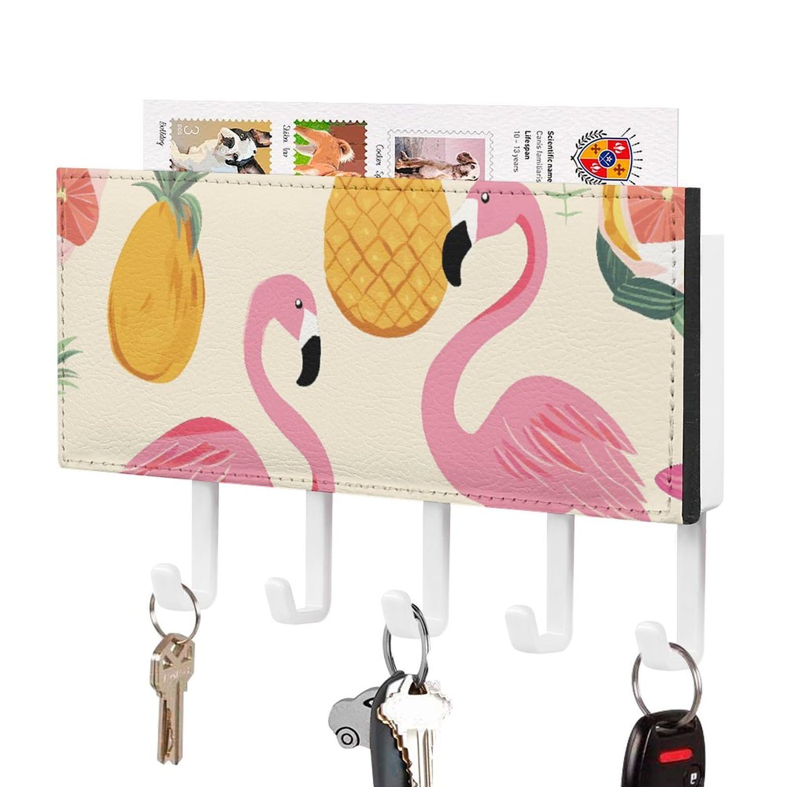 JTREHY Flamingos and Pineapples Holder Wall-Mounted Key and Mail Holder,Key Rack with 5Keys Hooks, Easy to Install Mail Organizer for Entryway, Front Door, Hallway, Office