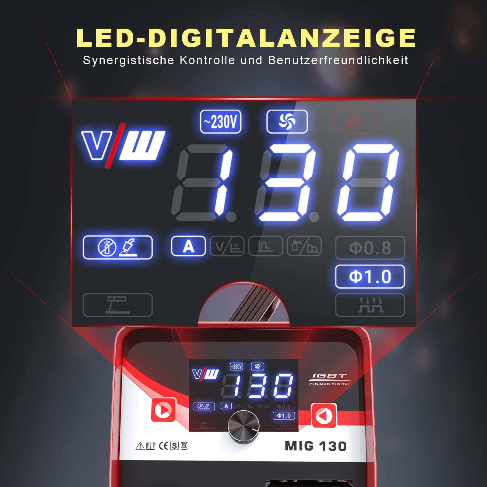 MIG Schweißgerät 130 A, Fülldraht Schweissgerät Set für Anfänger, IGBT Interver Schweißgerät mit Schweißhelm, Elektrodenschweißfunktion, VECTOR WELDING