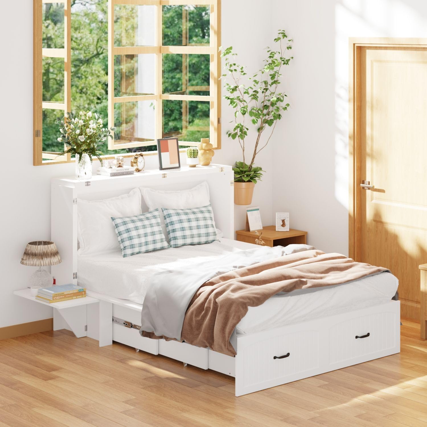 Full Murphy Bed with Drawer, Folded Cabinet Bed with Wheels & Black Metal Handles, Modern Murphy Bed Cabinet for Bedroom Guest Room White 75.6”L x 55.9”W x 41.3”H