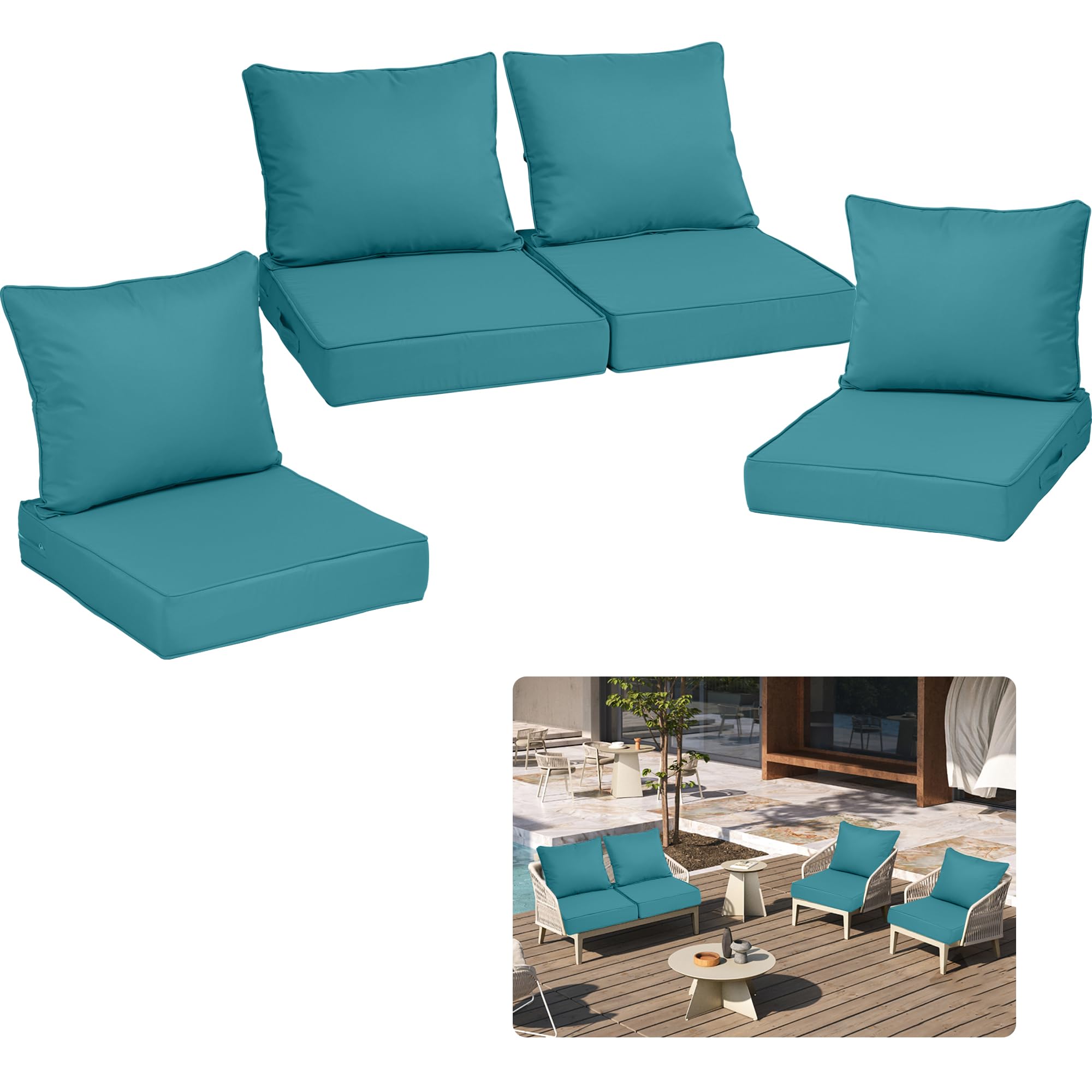 PZDJUMO Outdoor Chair Cushion, 19 x 19 Inch Waterproof Deep Seat Patio Cushions Set of 4, Loveseat Cushions for Outdoor Furniture, 4'' Thick Patio