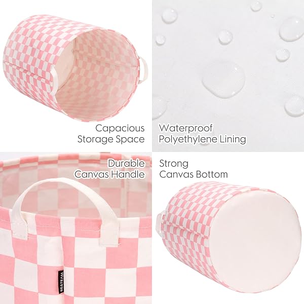 Sea Team 19.7 Inch Large Sized Waterproof Coating Ramie Cotton Fabric Folding Laundry Hamper Bucket Cylindric Burlap Canvas Storage Basket with Stylish Grid Pink Design - 4