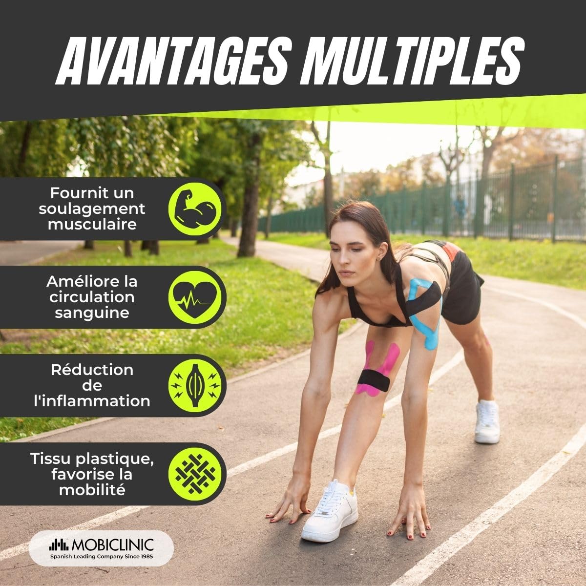 Mobiclinic®, Pack 12 rouleaux bande kinesiologie, Neuro-musculaire adhésive, De 5m x 5cm, Sport tape, Soulagement des douleurs musculaires, Kinesiotape, Face (Noir)