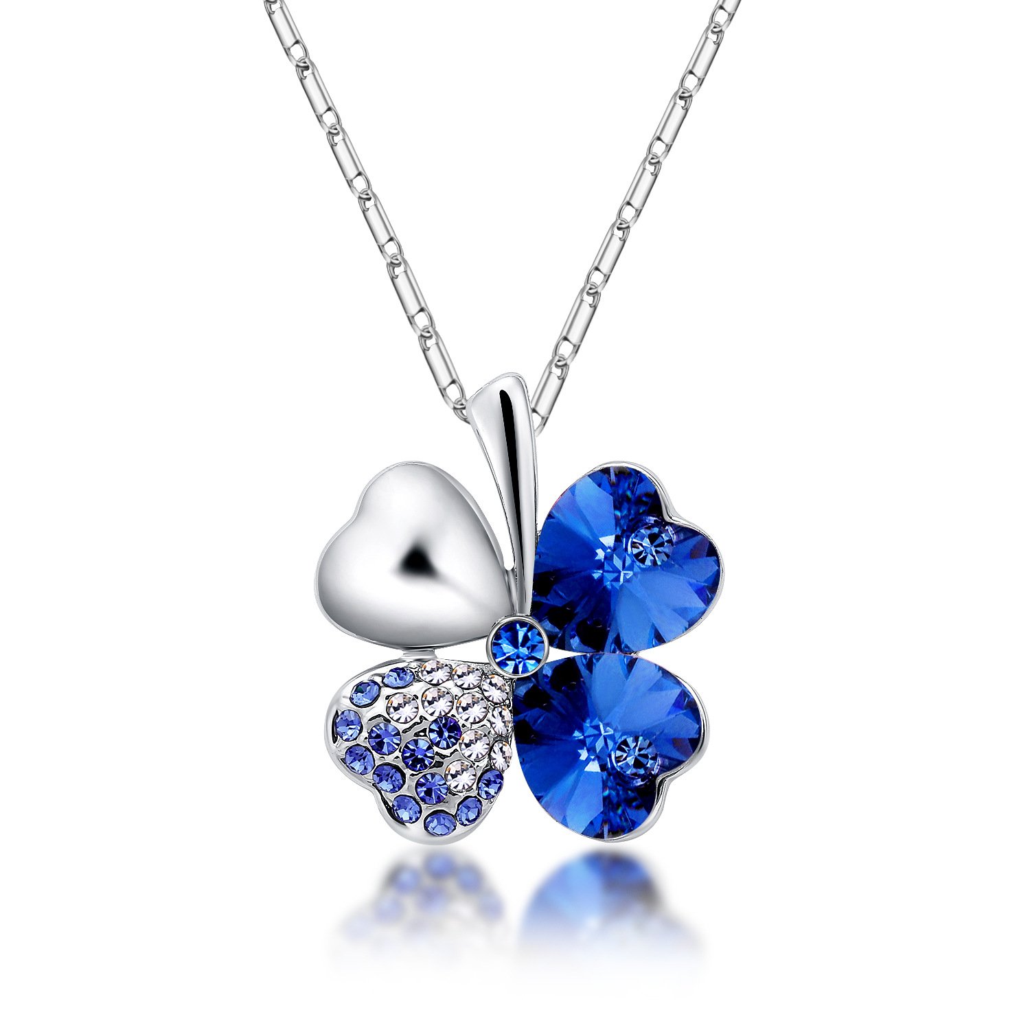 The Starry Night Lucky Four Leaf Flower Crystal Pendant Diamond Accented Silver Plated Flower Necklace