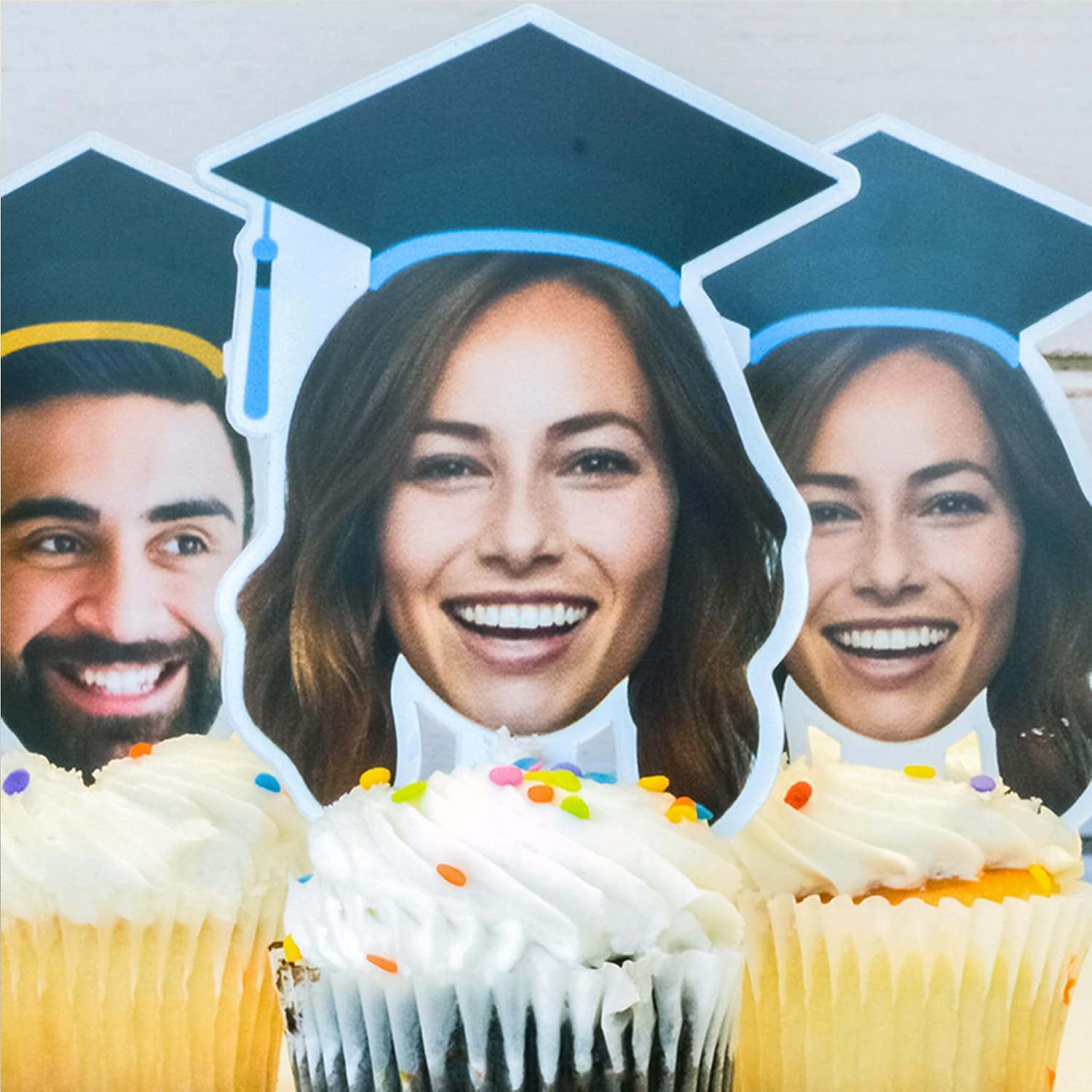 VictoryStore 25 Piece Photo Graduation Cupcake Toppers, Fun Face Treat Toppers with Grad Cap Plastic Dessert Picks Solid Plastic, 1 Photo 2x4 Inches