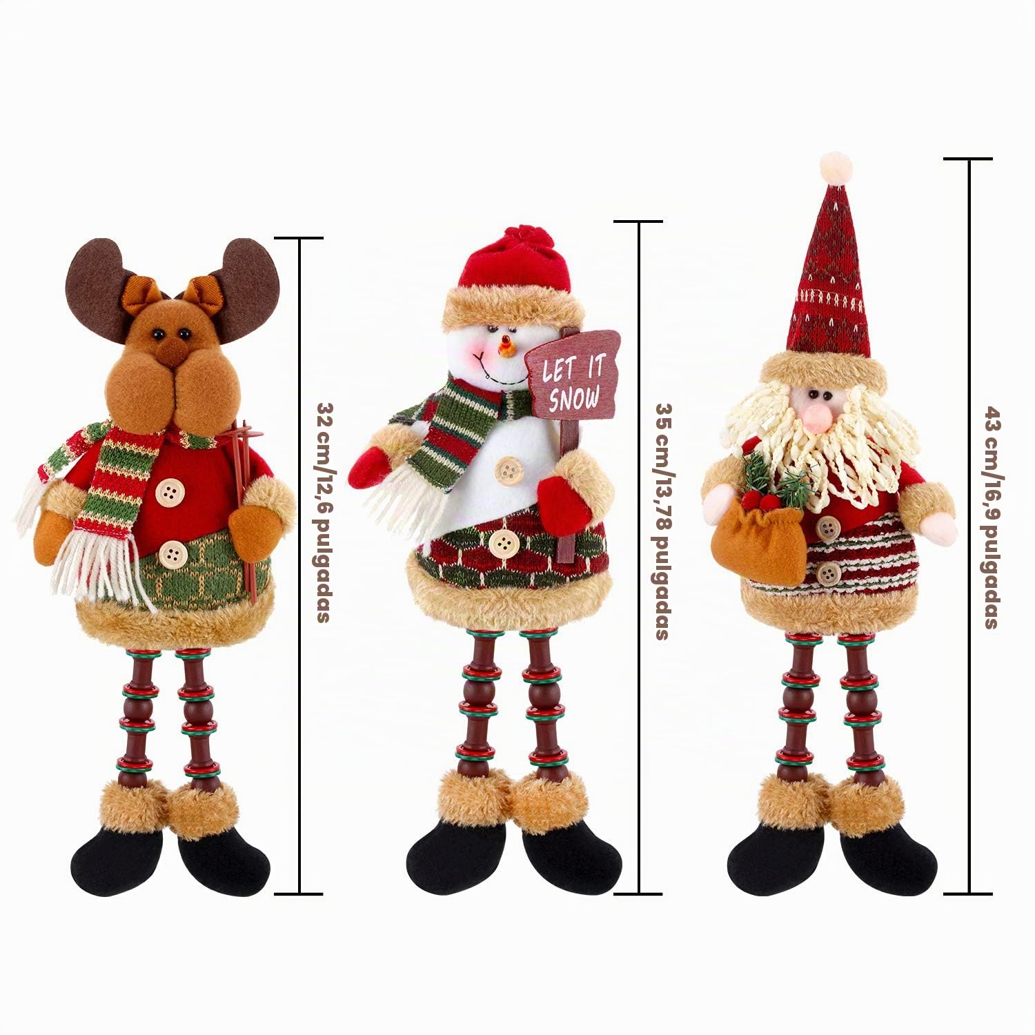 3 piezas de Navidad sentado, Papá Noel, muñeco de nieve, reno, adorno de Navidad, patas largas, decoración de mesa, chimenea, decoración del hogar, figuras de Navidad de peluche (Santa Claus, muñeco