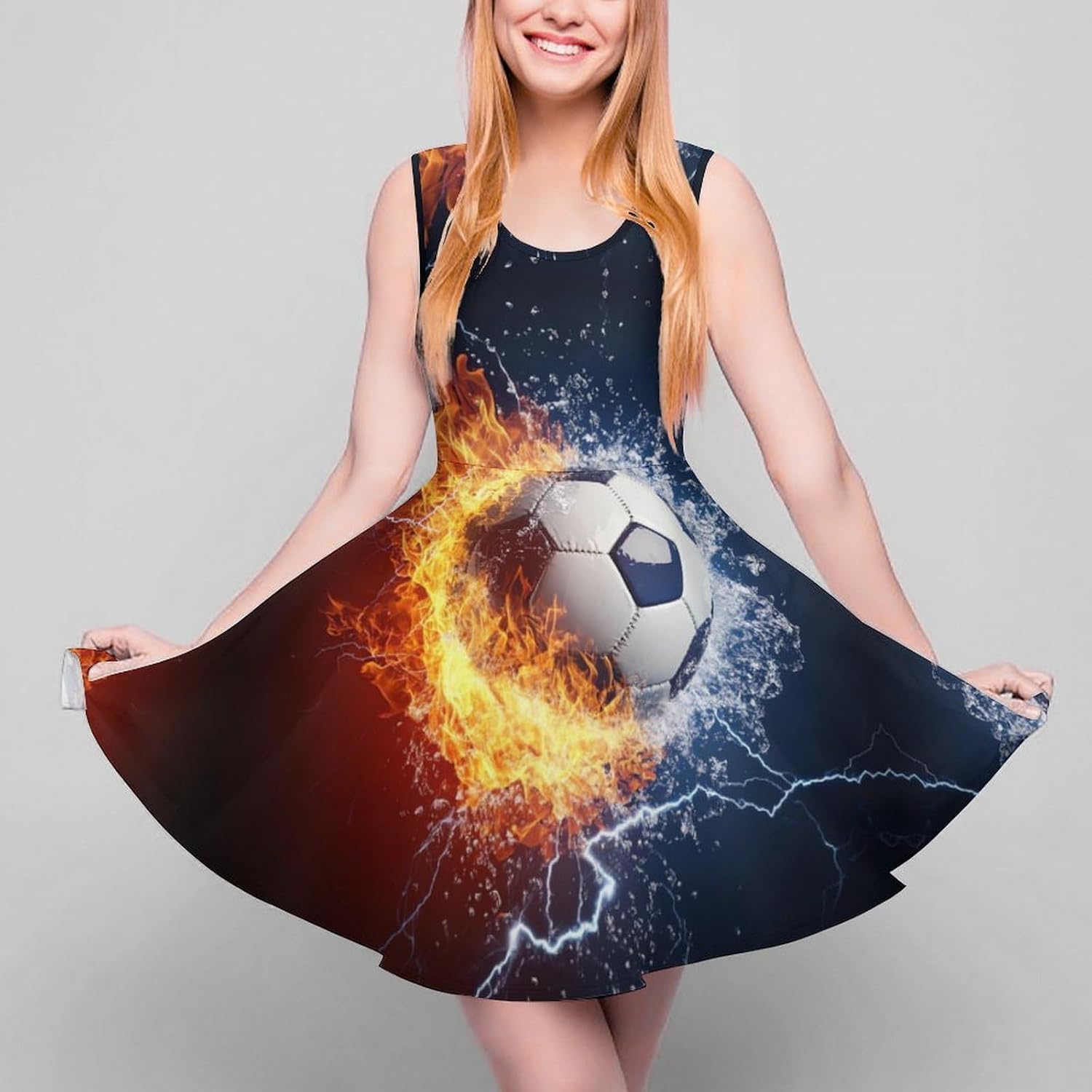 Cool Soccer Ball Women's Dresses Round Neck Dress Sleeveless Tank Dress Ruffle Hem Sundress