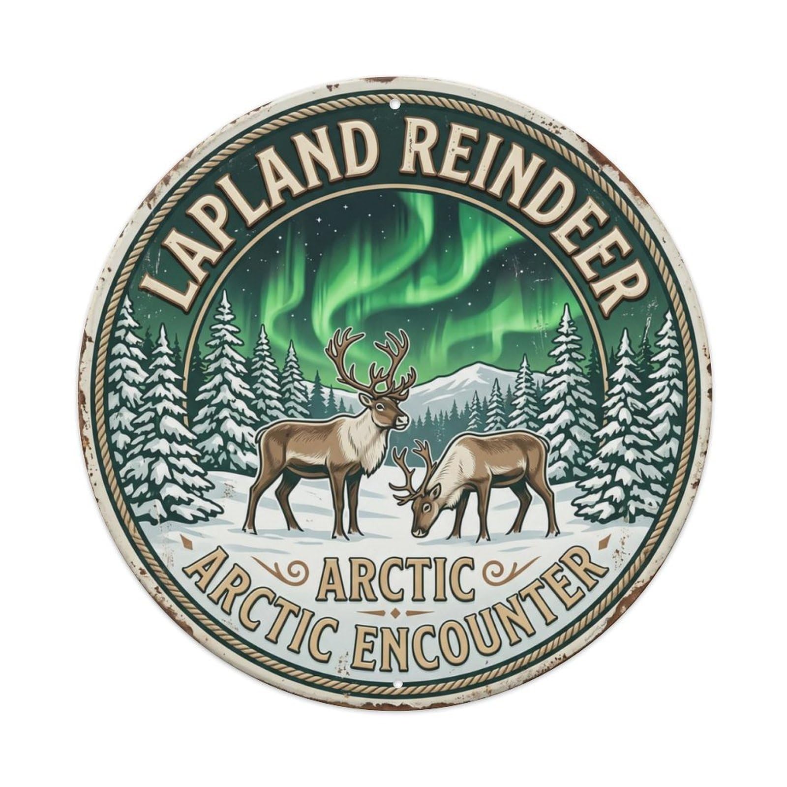 Reindeer Arctic Encounter Lapland Wildlife Metal Tin Sign Plaque Wall Decor for Cafe, Club Bar, Office, Home Garden Round Metal Poster 8x8Inch