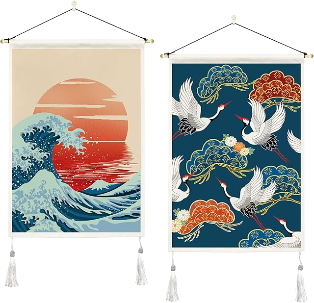 ORTIGIA 2 Pack Japanese Tapestry with Tassels Great Wave Tapestry Wall Hanging Red Sun Japanese Crane Tapestry Wall Art Nature Landscape Home Decor for Bedroom 14" W x 20" L (35cmx50cm)