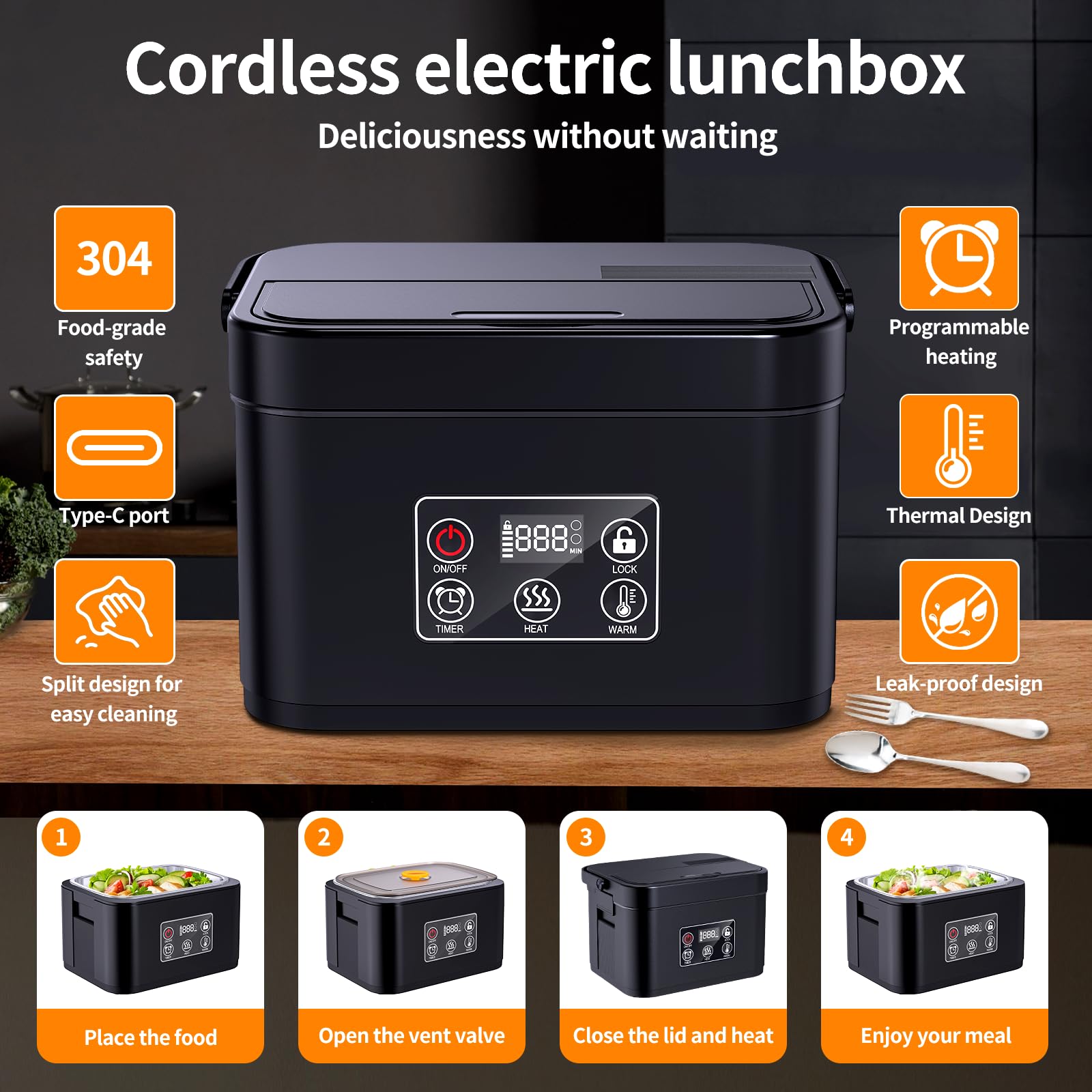 Contenitore per il pranzo elettrico senza fili, riscaldato, alimentato a batteria, riscaldamento automatico, 1,5 l, portatile, per esterni, auto, camion, lavoro, viaggi