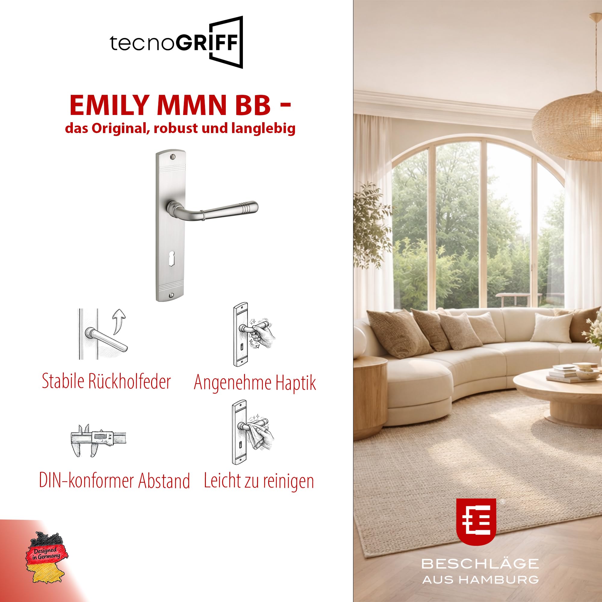 Beschläge Hamburg | Türgriff Türbeschlag | EMILY ART 70-09 MMN BB | Türklinke mit Buntbart Langschild 45 x 235 mm für Zimmertüren | Drückergarnitur/Türdrücker für Innentüren | in matt vernickelt