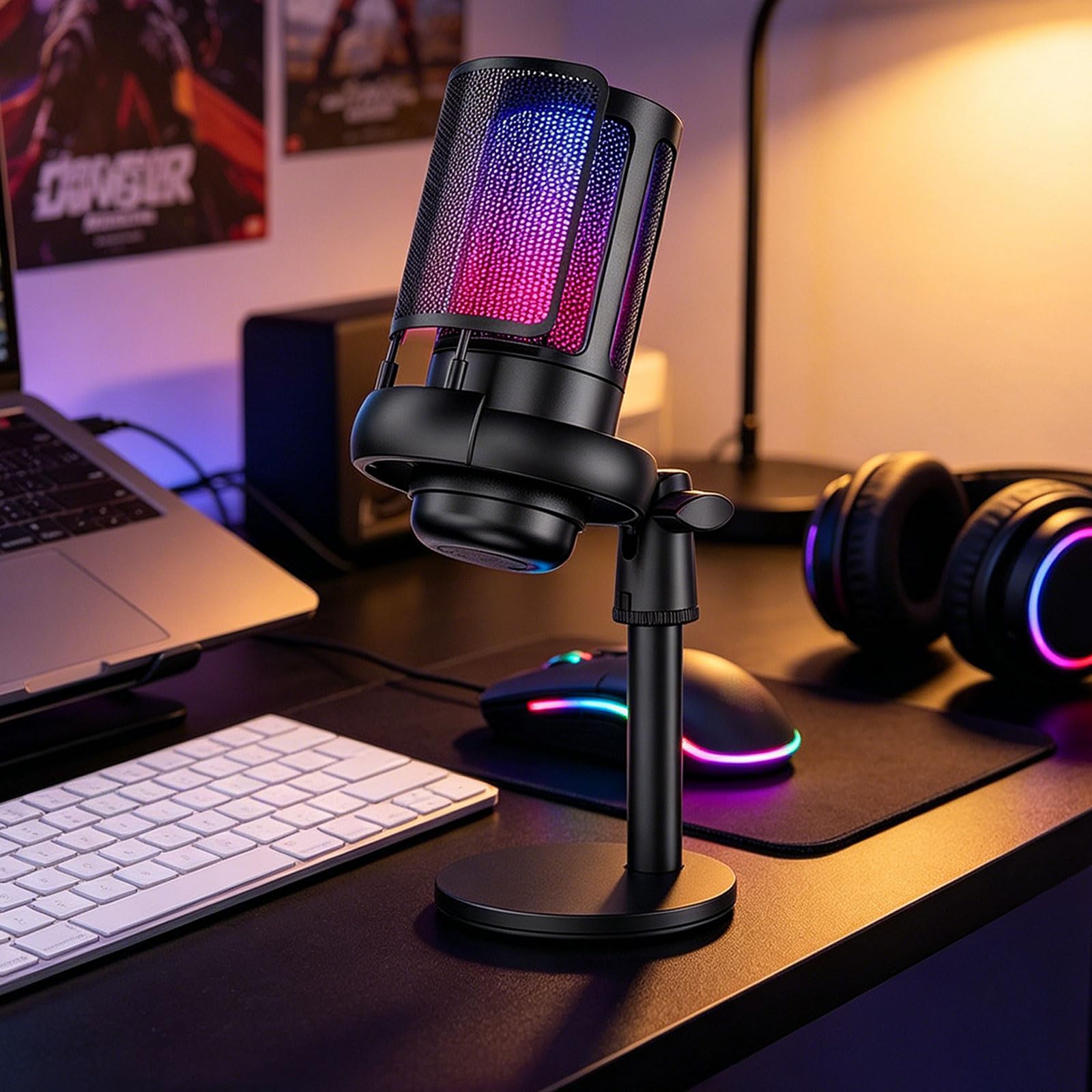 Microfono USB migliorato a LED per streamer di gioco, presentatori di podcast, con suono chiaro e facile installazione microfono USB con cancellazione del rumore