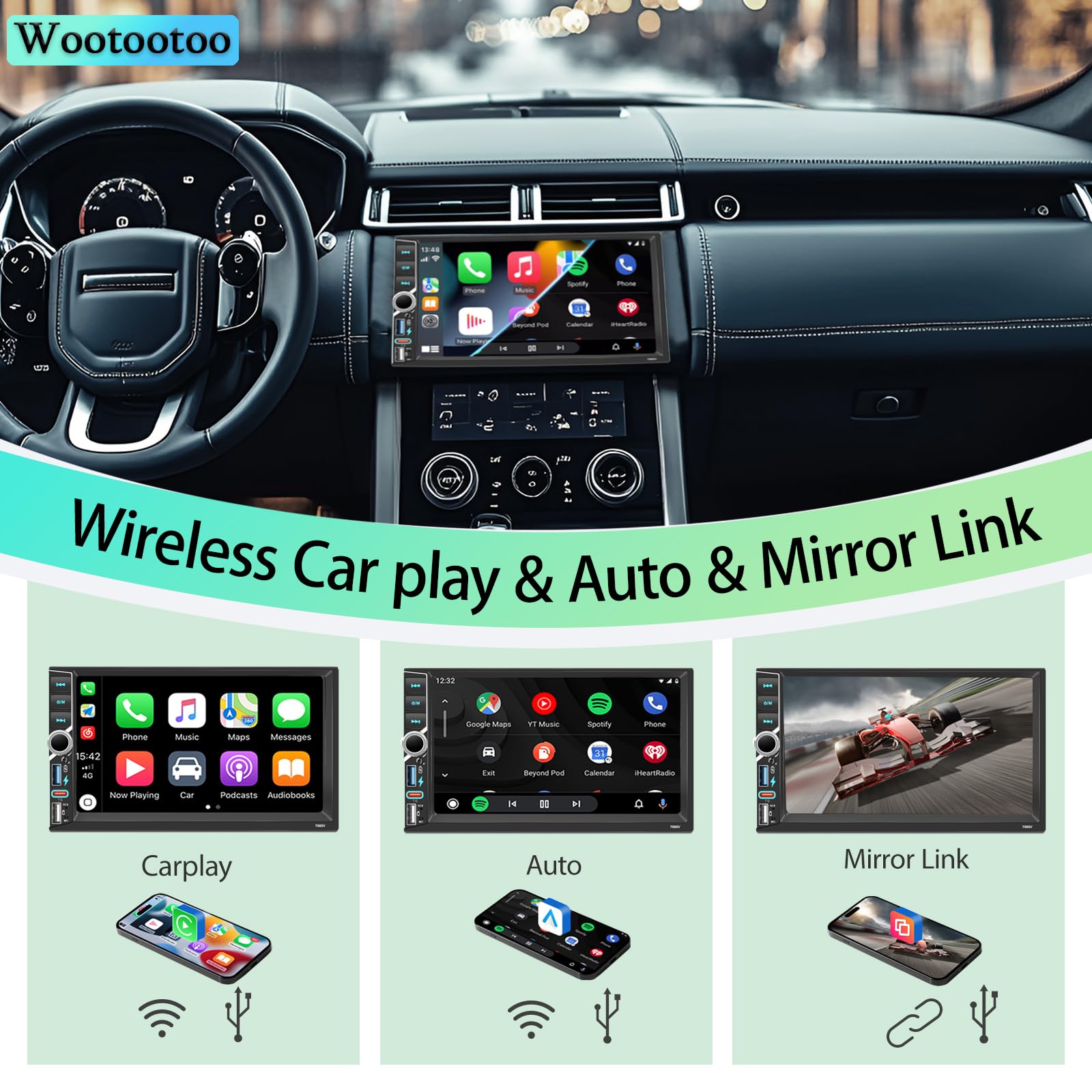 Autoradio 2 DIN BT Autoradio Car Play Voiture avec sans Fil carplay & Android Auto,Double Din 7 Pouces HD Écran Tactile,RDS Radio FM/Type C/Charge Rapide/Microphone/Caméra de recul