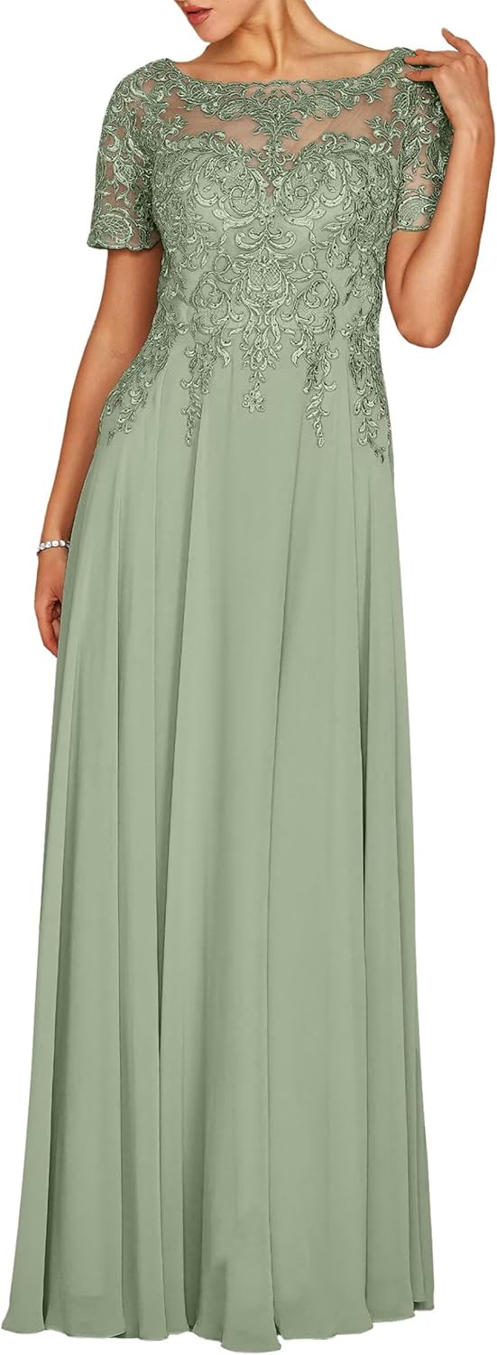 Women's Short Sleeve Chiffon Mother of the Bride Dresses Boat Neck Lace Applique Formal Wedding Guest Evening Gowns