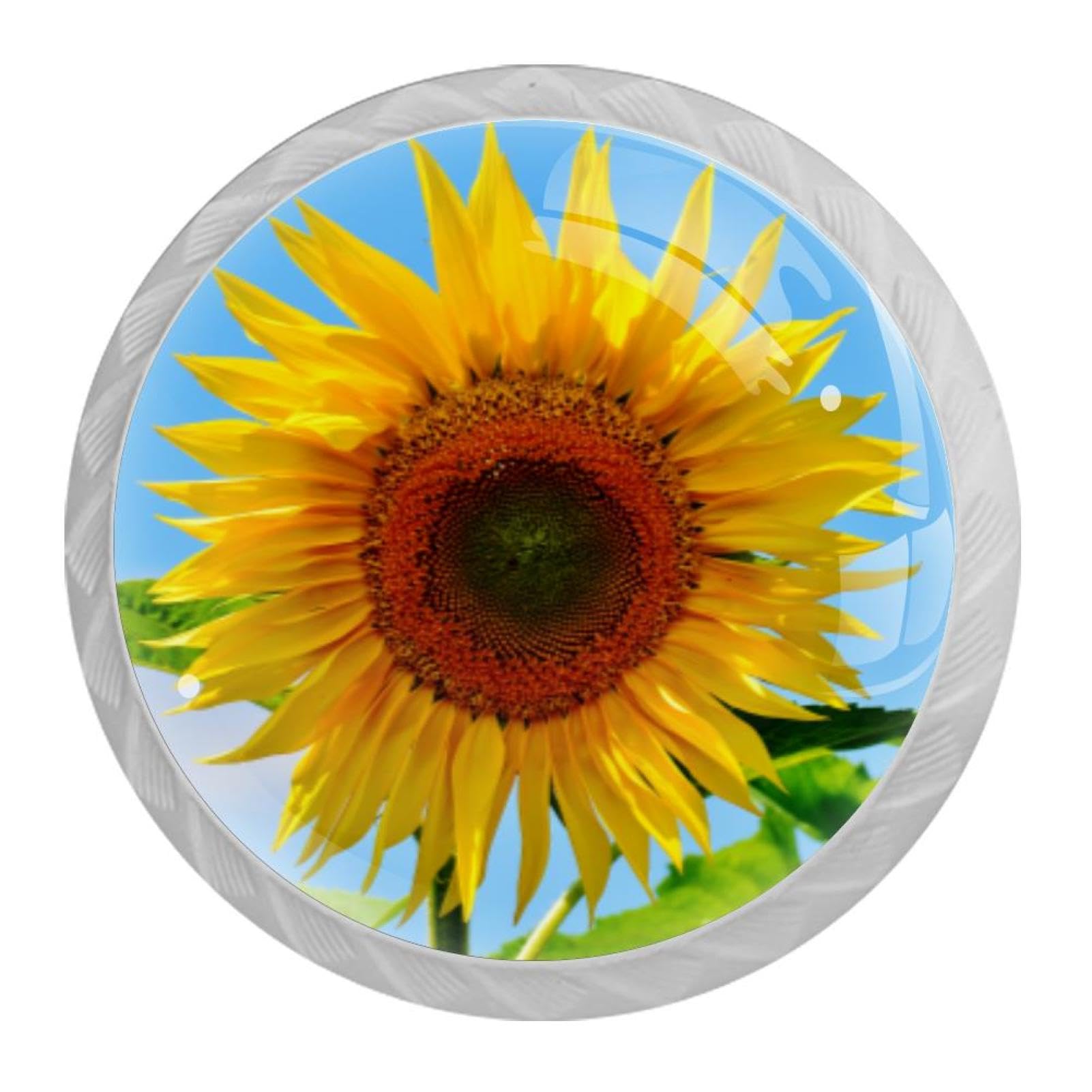 Tqmspg 4 Pieces Drawer Pulls Summer Sunflower Door Knobs Dresser Handles for Kitchen Wardrobe Cupboard Hardware Furniture
