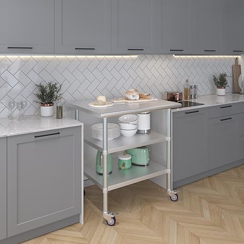 Miniatura 189 de AmGood Mesa de trabajo de acero inoxidable con 2 estantes y ruedas Mesa de trabajo de metal con ruedas