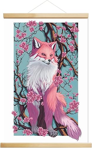 MINI ZOZI Arte de pared japonés de 16 x 24 pulgadas, lienzo de zorro rosa, decoración de Sakura, póster de pared Kawaii, marco de madera, decoración