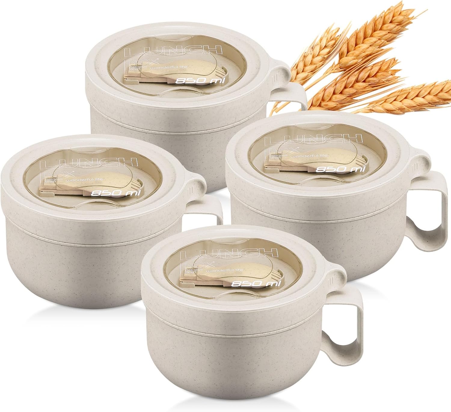 Maxdot 4 Pcs Microwave Ramen Bowl Microwavable Instant Soup Cups with Lids Large Soup Bowls with Handles Dishwasher Safe Mug for Cereal Food Container(Wheat Color)