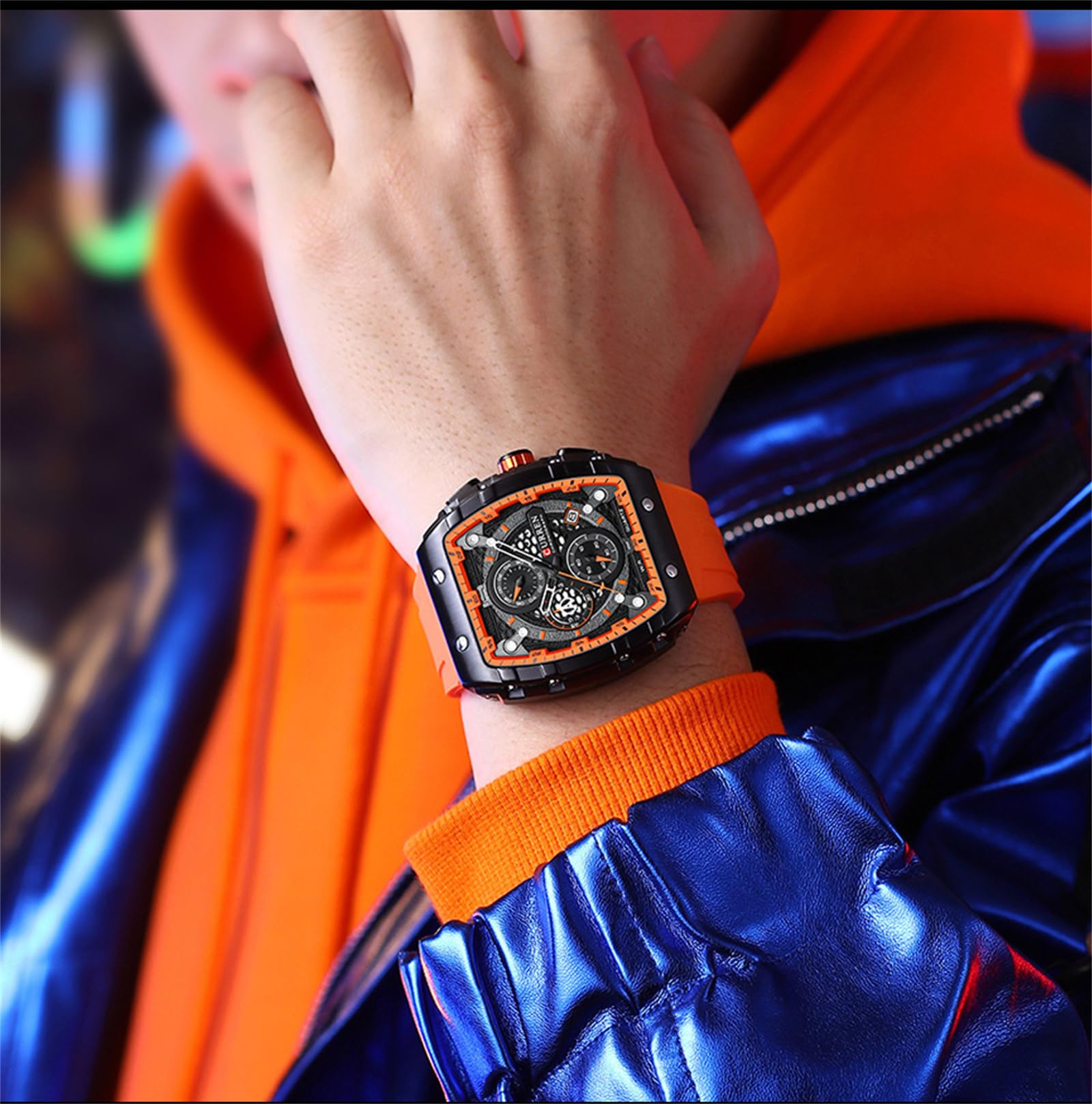 FORSINING Montre analogique à quartz pour homme - Grand cadran rectangulaire - Bracelet en silicone - Étanche - Calendrier - Date
