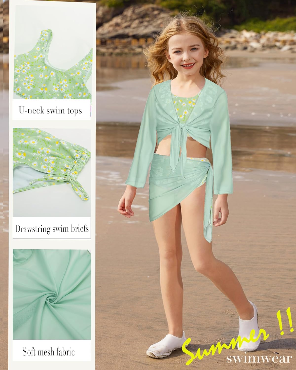GRACE KARIN Girls Bathing Suit Adjustable Taniki Swimsuit Tie Front 4 Piece Bikini Set with Kimono Cover Up 6-14
