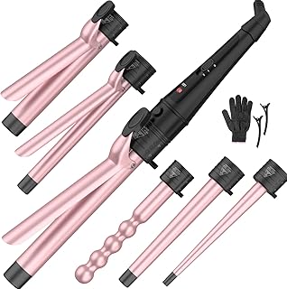 6-IN-1 Curling Iron, Professional Curling Wand Set, Instant Heat Up Hair Curler with 6 Interchangeable Ceramic Barrels (0.35'' to 1.25'') and 2 Temperature Adjustments, Heat Protective Glove & 2 Clip