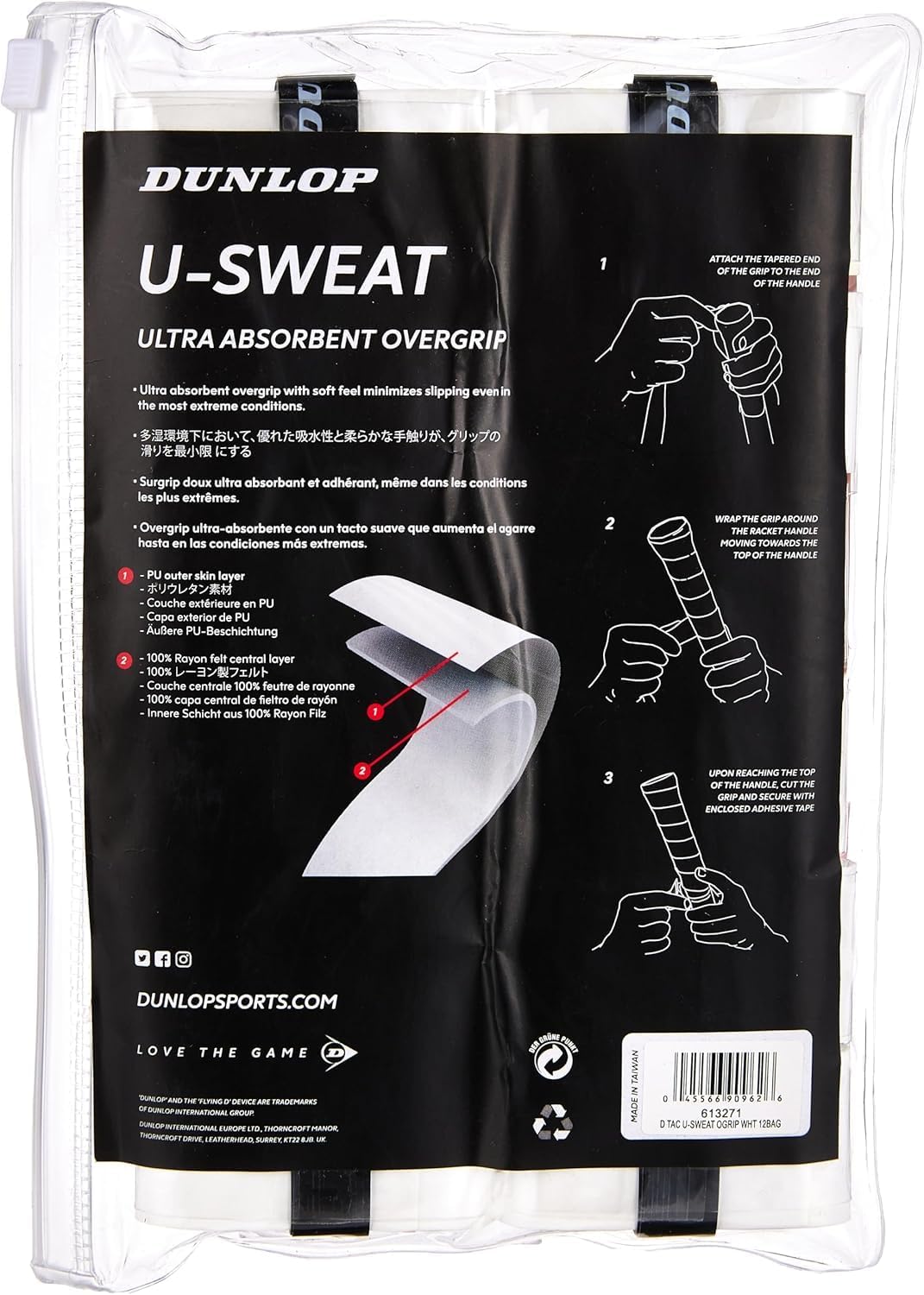 Dunlop Sports U-Sweat Tennis/Squash/Badminton/Padel OVERGRIP (3-Pack, 12-Pack, 30-Pack Roll) (Black & White Colors) (Super Absorbent, Moisture Wicking Construction, Comfortable, Cushioned Surface)